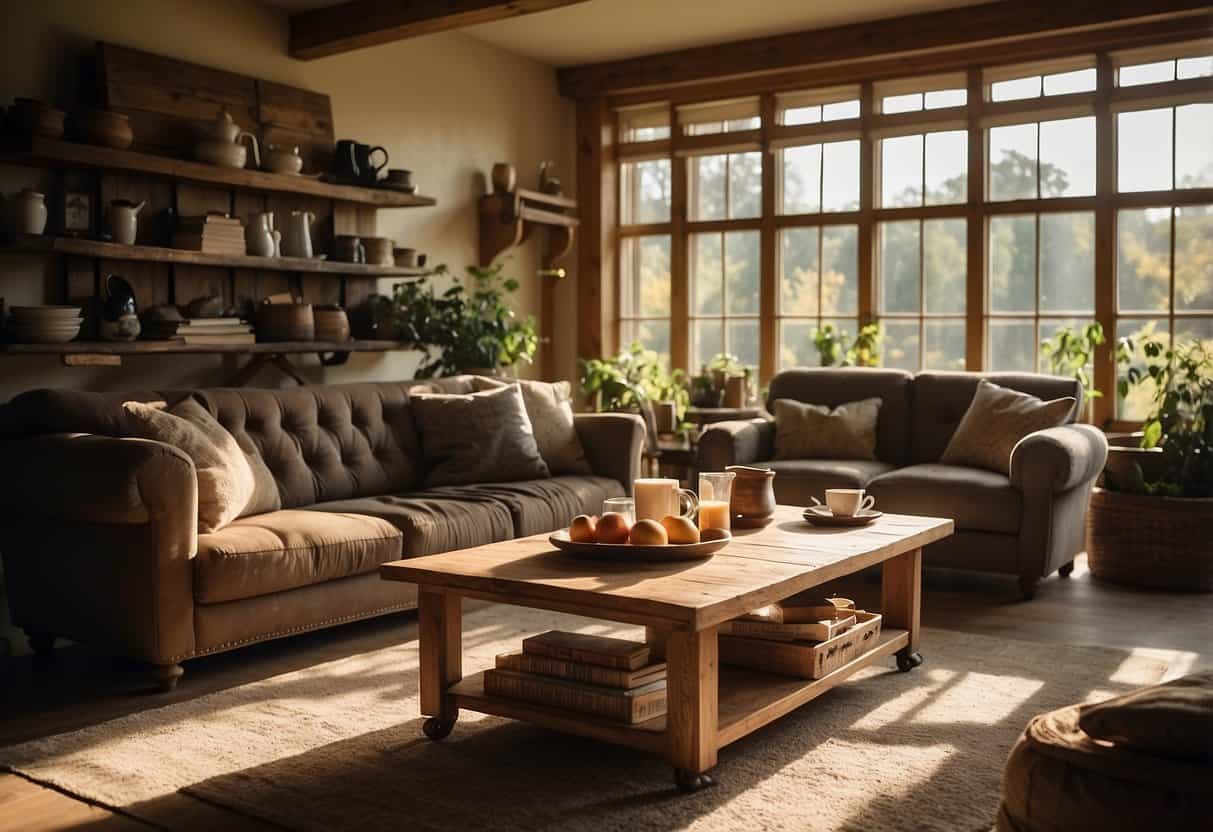 A cozy living room with a reclaimed wood coffee table, shelves, and a dining set. Sunlight streams through the window, casting warm shadows on the rustic furniture