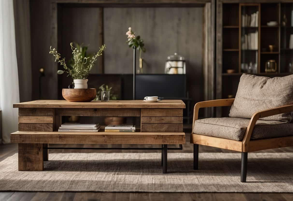 Reclaimed wood furniture arranged in a rustic living room with a weathered coffee table, a distressed dining table, and a repurposed bookshelf