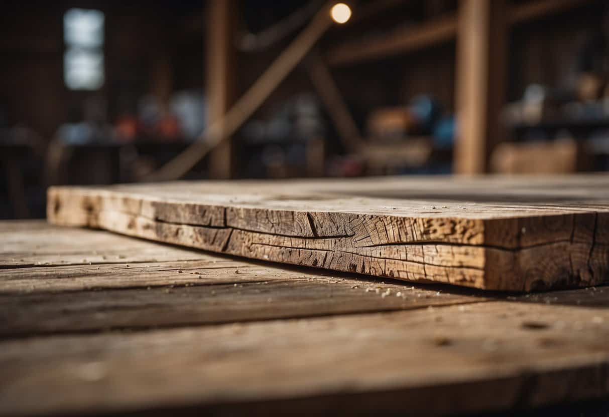 Reclaimed wood planks shaped into a rustic table. Tools and sawdust scattered around a workshop. Customization and craftsmanship evident in the intricate details