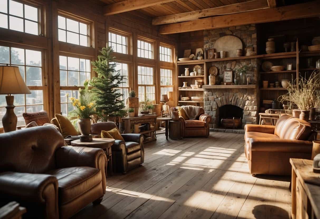 A cozy, rustic furniture store with shelves of weathered, reclaimed wood pieces. Sunlight streams through large windows, casting warm, natural hues
