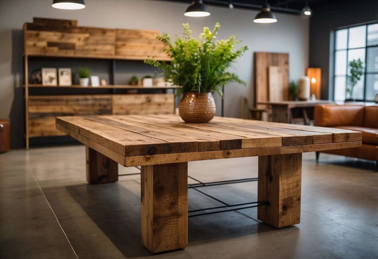 Reclaimed wood furniture displayed in a modern, well-lit showroom. Various pieces showcased with price tags and accompanying product descriptions