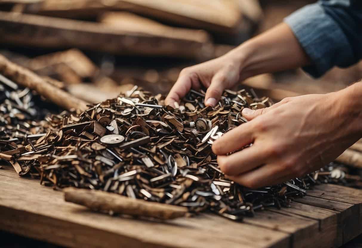 A person handpicking recycled wood and metal for furniture