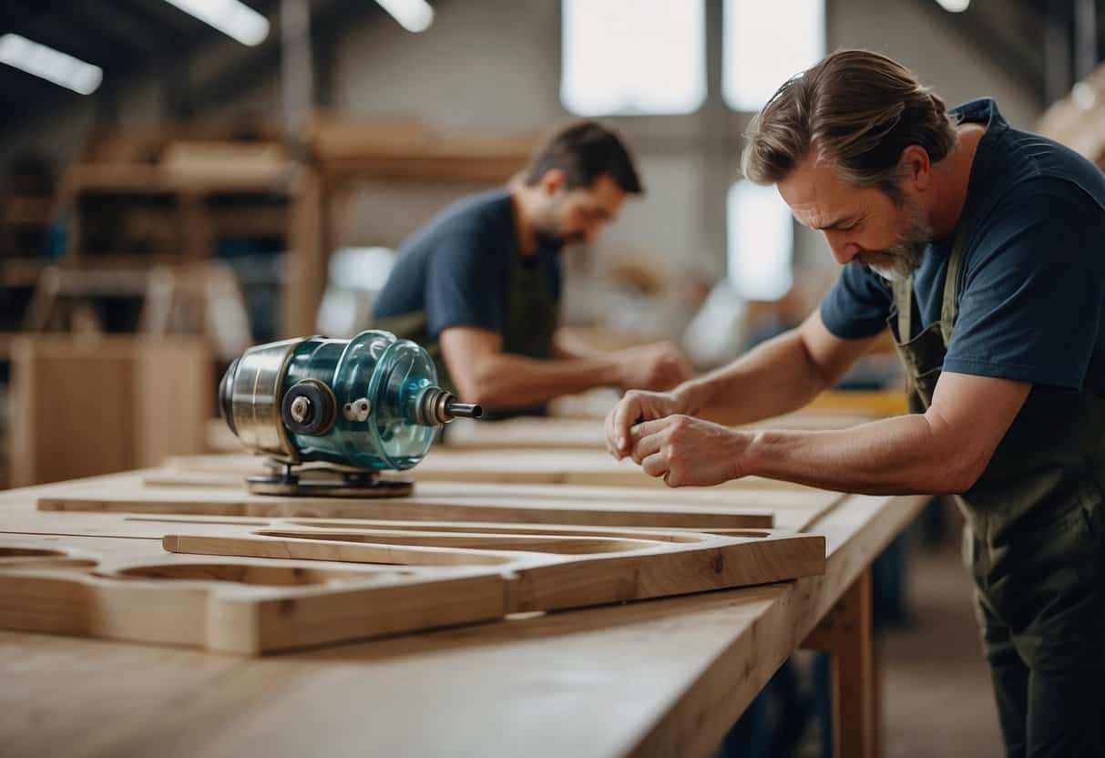 A person carefully assembles and polishes eco-furniture made from recycled materials in a bright, open workshop
