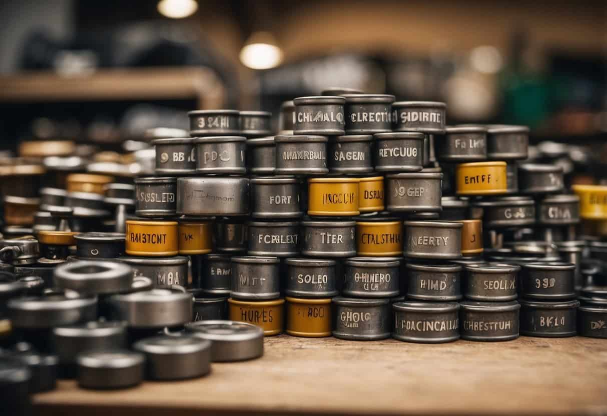 Recycled furniture parts arranged neatly in a workshop, labeled "Frequently Asked Questions." Wood, metal, and plastic pieces are stacked and organized