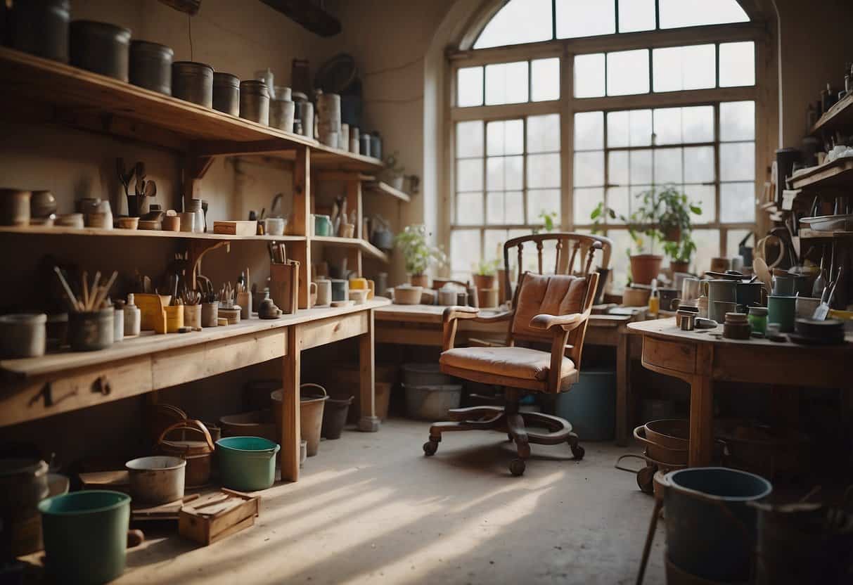 A cozy workshop filled with tools, paint cans, and stacks of old furniture. A bright window illuminates a worn armchair being sanded down, while shelves display finished pieces ready to be shared