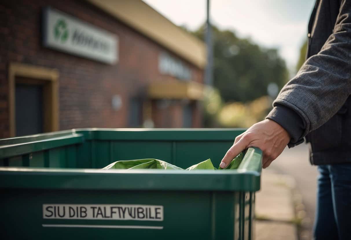 A person placing old furniture into a recycling bin, with a sign indicating "sustainable furniture disposal" nearby