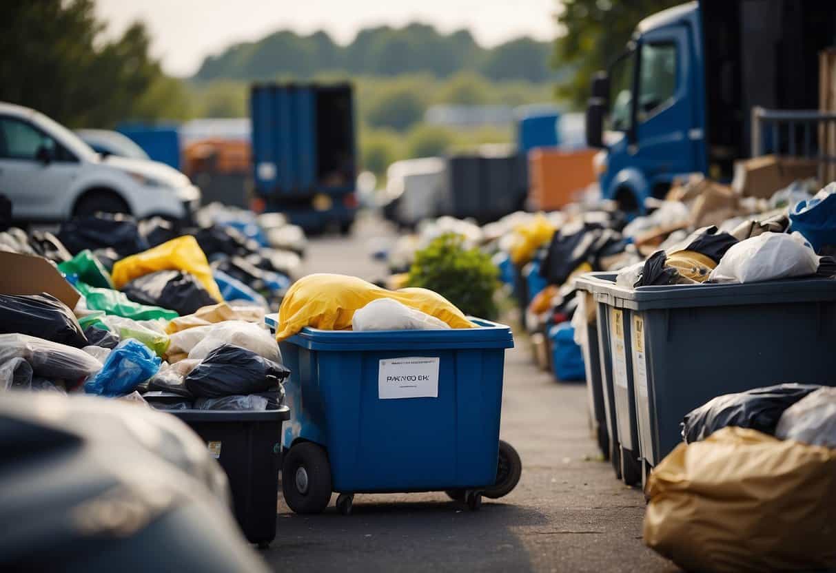 Furniture placed in recycling bins, a donation truck picking up items, and a landfill with labeled sections for different materials