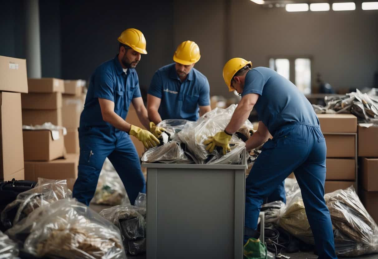 A team of workers disposes of old office furniture in an eco-friendly manner, separating materials for recycling and donating usable items