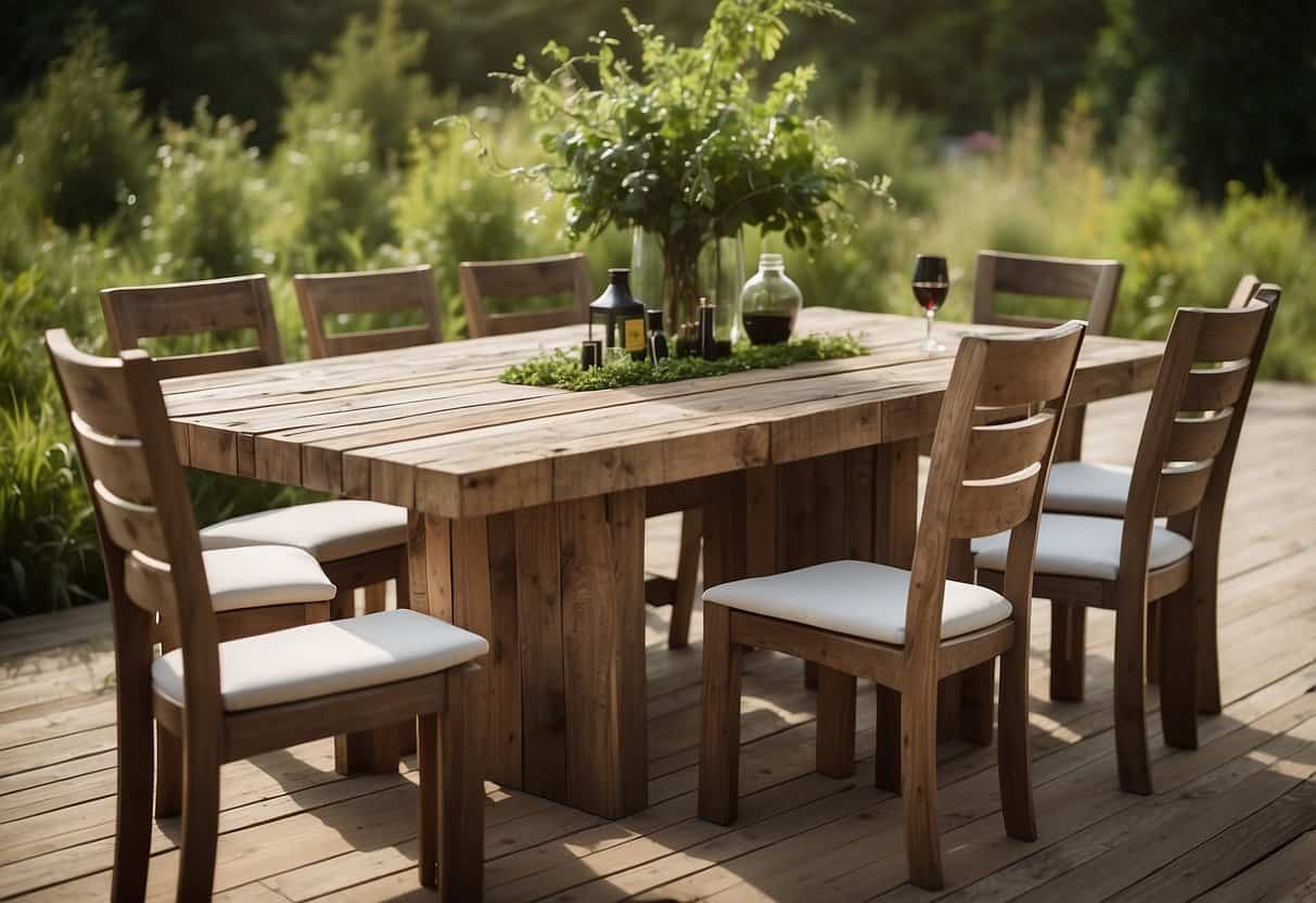 A table made of reclaimed wood with FSC certification label, surrounded by eco-friendly chairs with GREENGUARD certification