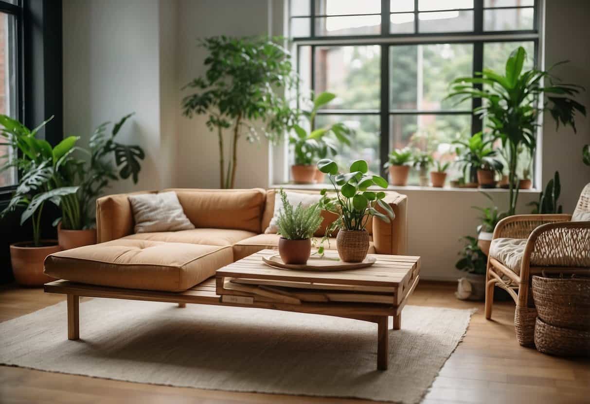 A modern living room with eco-friendly furniture, like a bamboo coffee table and a reclaimed wood sofa, surrounded by potted plants and natural light
