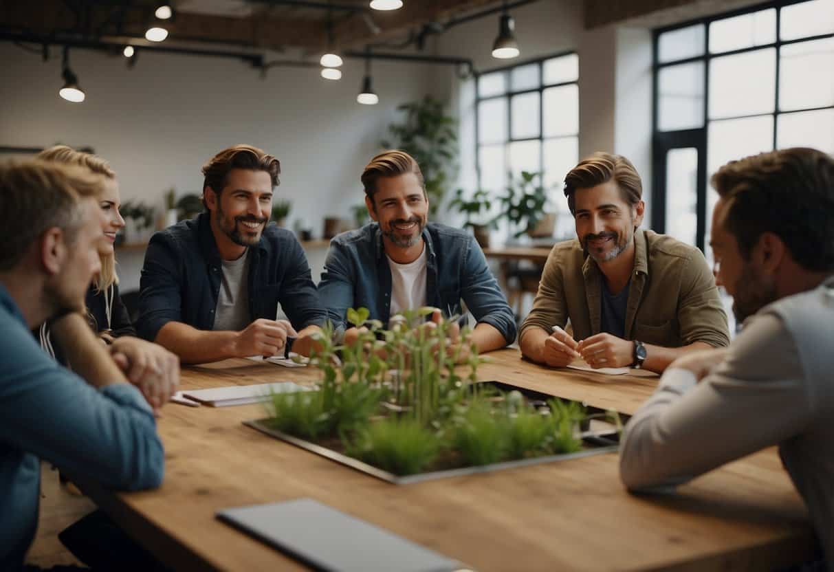 A group of designers and manufacturers are gathered around a table, discussing sustainable materials and collaborating on eco-friendly furniture designs
