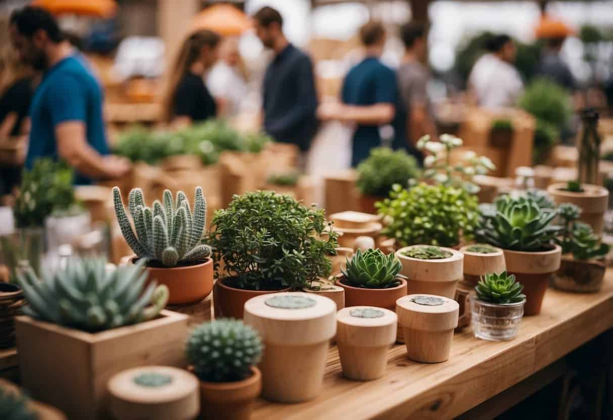 Various sustainable furniture brands collaborate at a bustling market. Consumers eagerly seek eco-friendly designs, showing a growing demand for environmentally conscious products