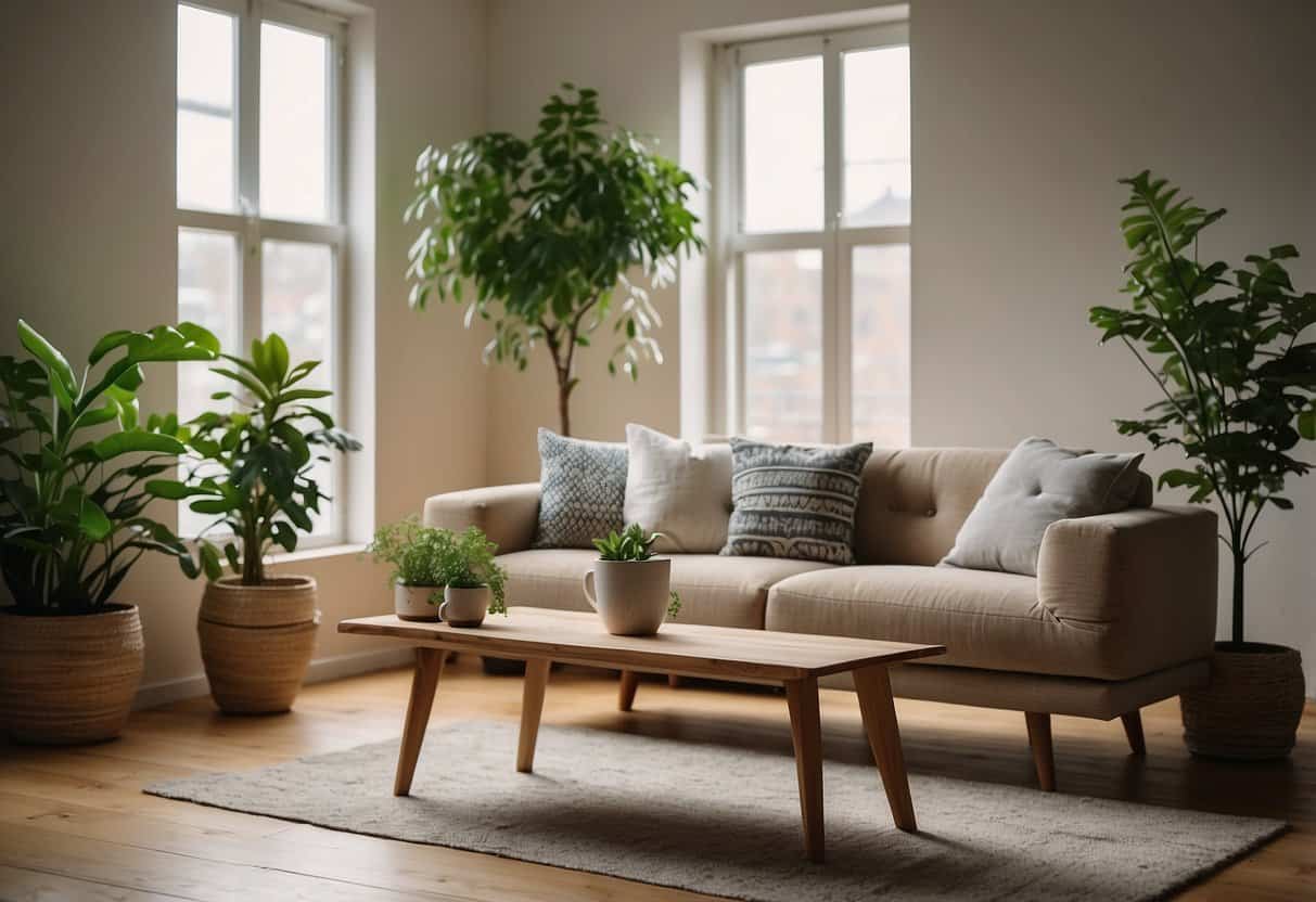 A cozy living room with a sleek wooden table, a recycled fabric sofa, and a potted plant. Sustainable furniture ratings displayed prominently