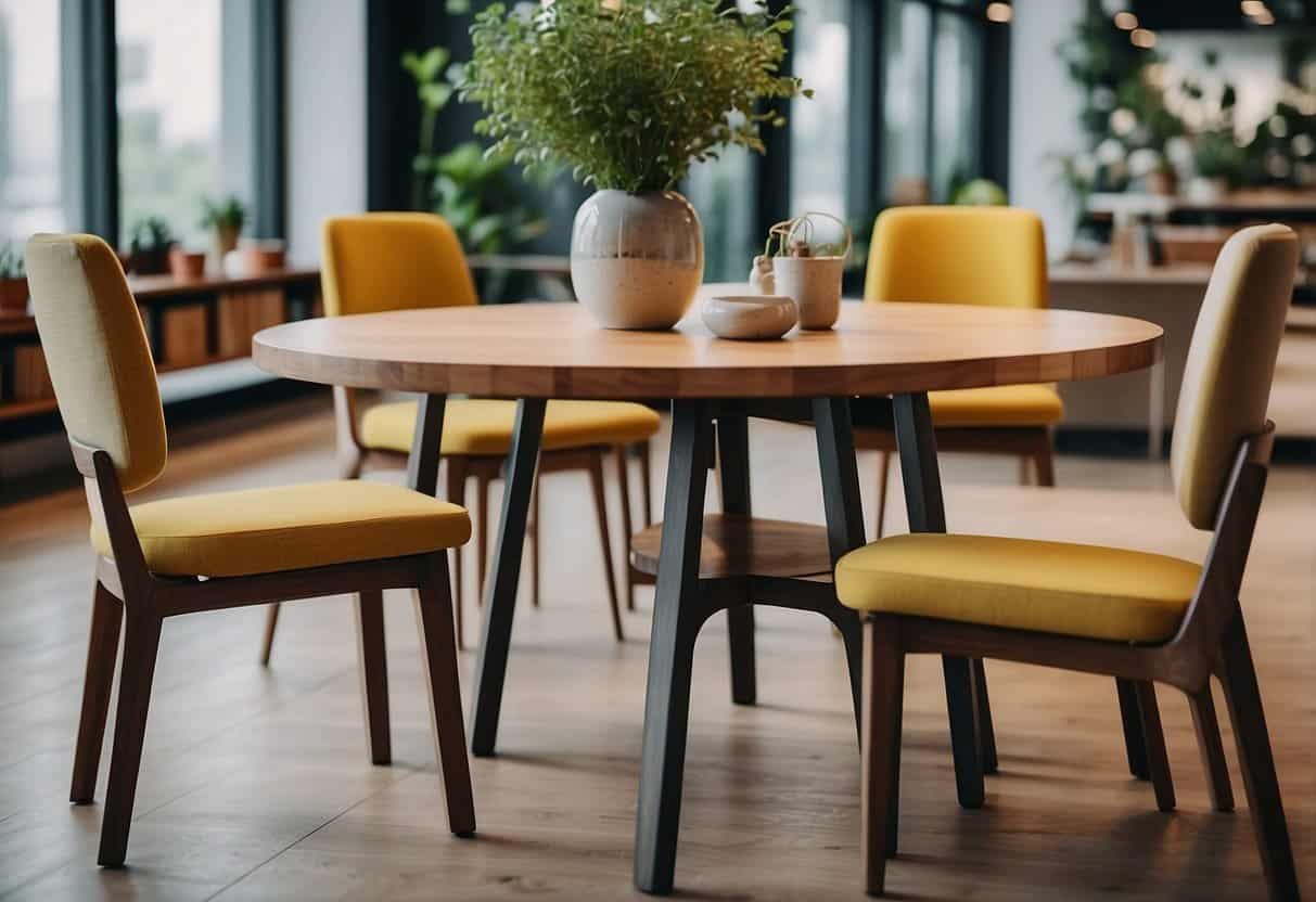 A diverse array of eco-friendly furniture with clear sustainability ratings displayed on tags