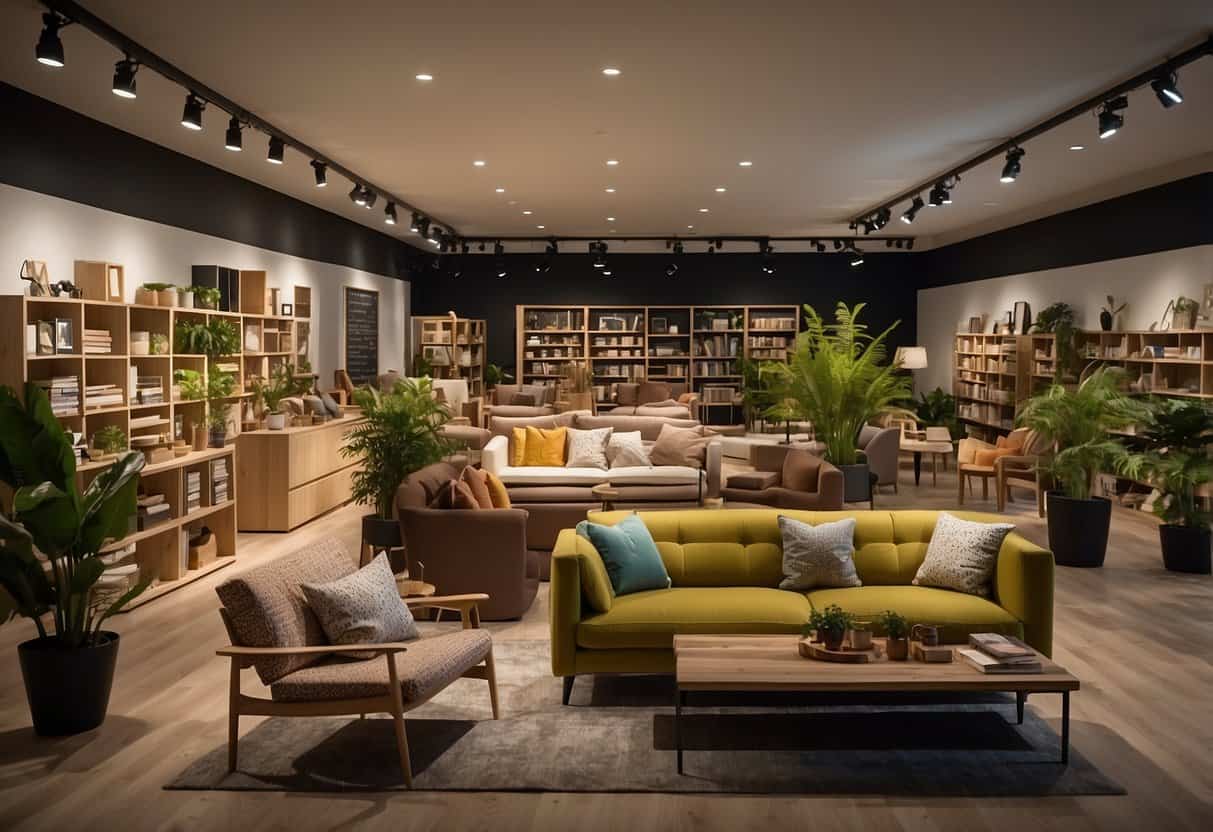 A room filled with eco-friendly furniture, labeled with "Sustainable Furniture Recognition" signs. Customers browsing and reading FAQs