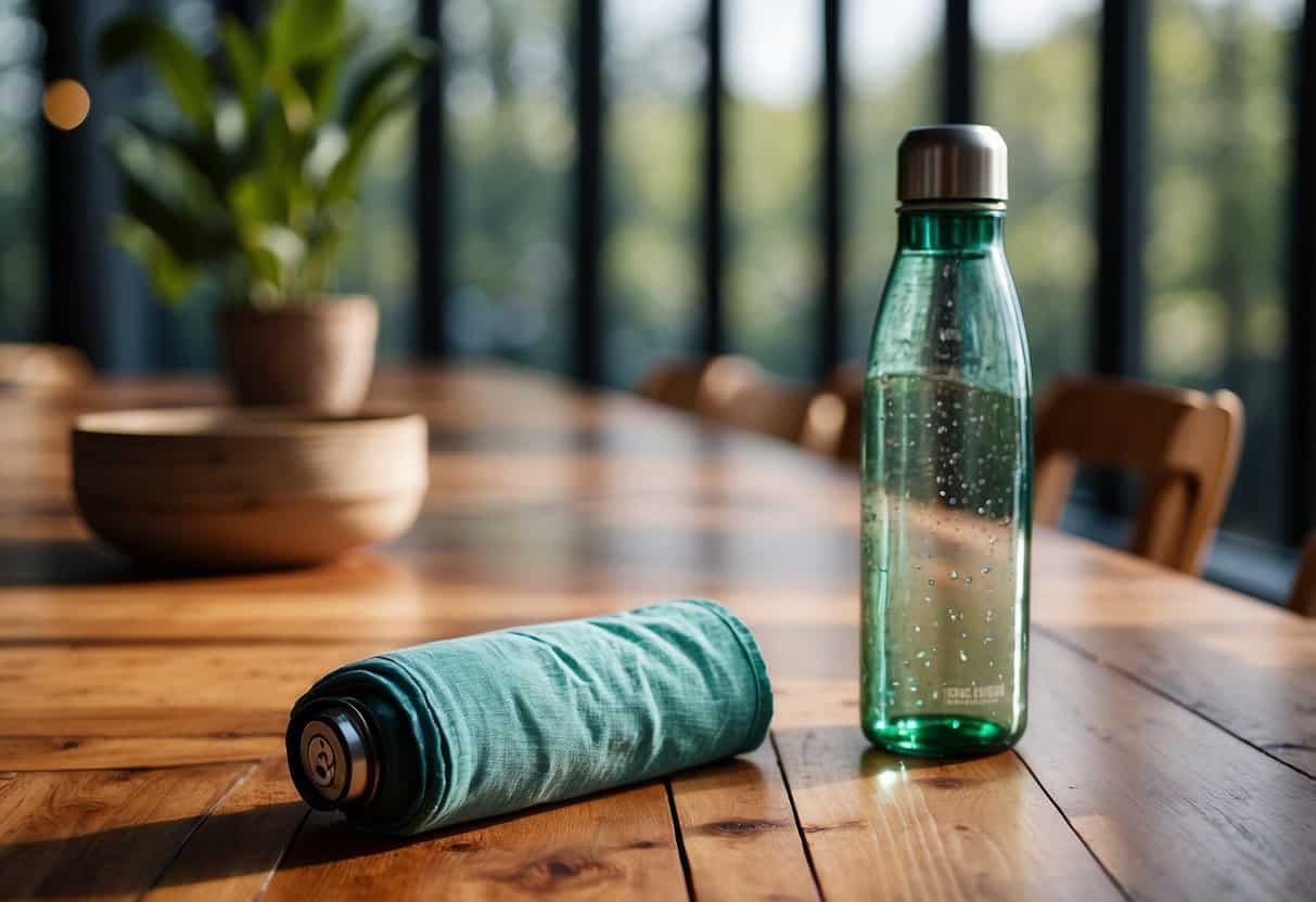 A table made of reclaimed wood with bamboo flooring and recycled glass windows. A reusable water bottle and a tote bag made from organic cotton