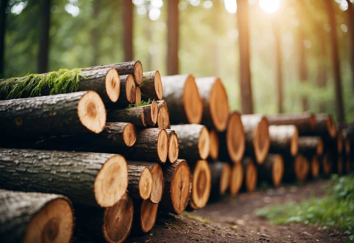 A forest with diverse trees, a lumber mill with eco-friendly practices, and finished wood products labeled as sustainable