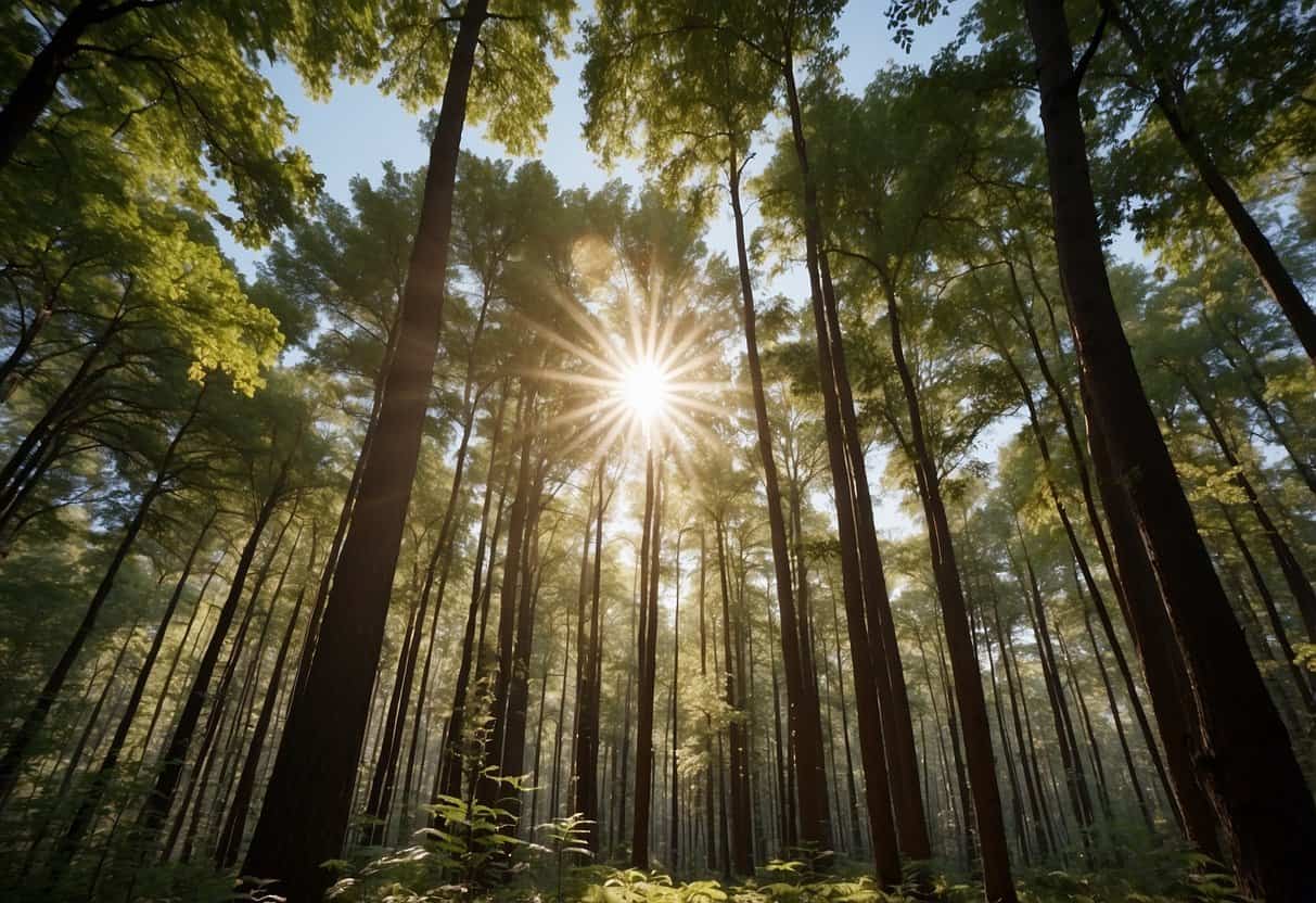A forest with diverse tree species, showcasing sustainable wood trends. Clear blue sky and sunlight filtering through the branches