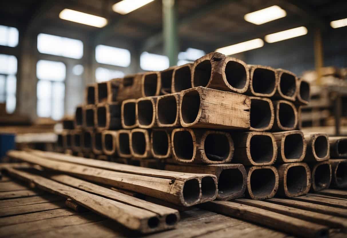Old wooden pallets and discarded metal pipes scattered in a workshop, ready to be transformed into upcycled furniture