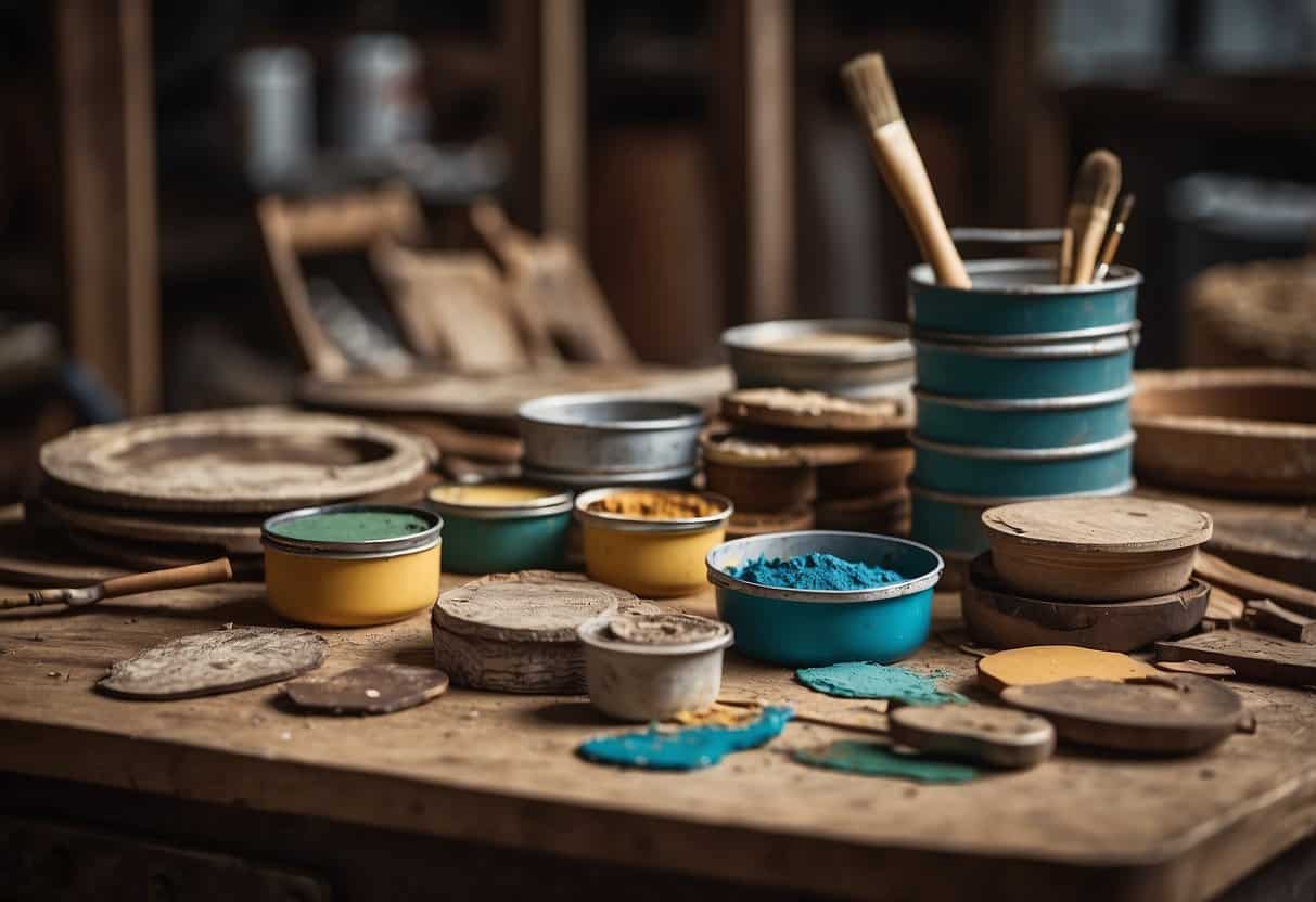 A table cluttered with paint, brushes, sandpaper, and old furniture pieces. A stack of reclaimed wood sits in the corner, ready for upcycling