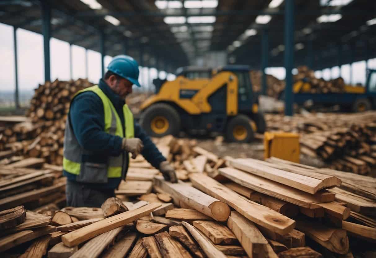 A pile of discarded wood collected in a recycling center, with various types of wood stacked neatly and a worker operating machinery in the background