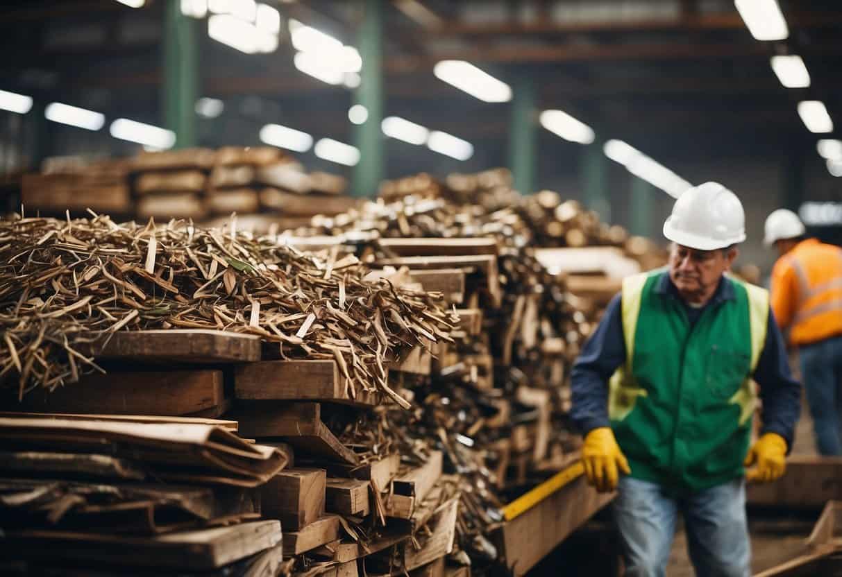A bustling wood recycling center supports local businesses and reduces waste, with workers sorting and processing materials for reuse