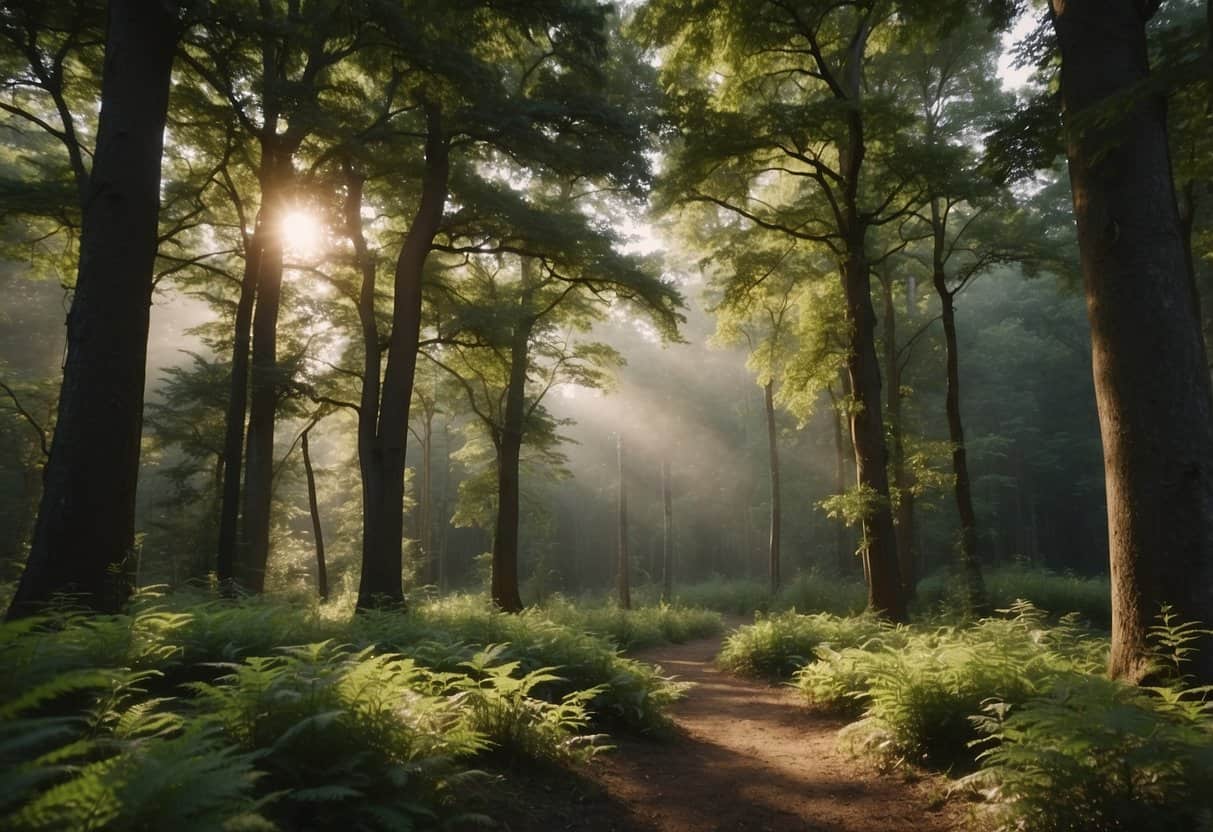 A forest with various types of trees, including oak, pine, and maple, surrounded by lush greenery and wildlife