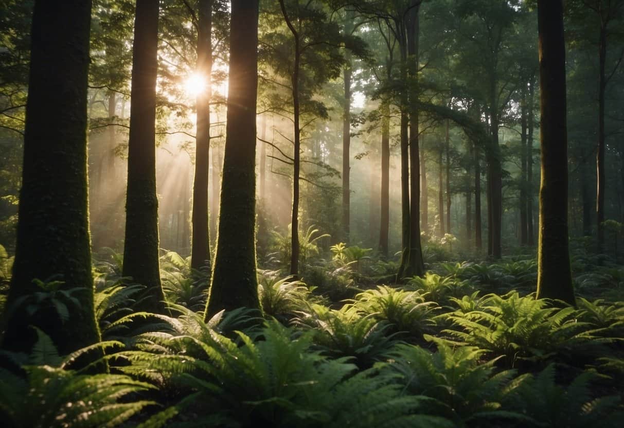 A lush forest with tall, healthy trees and diverse plant life, showcasing the sustainable nature of wood production