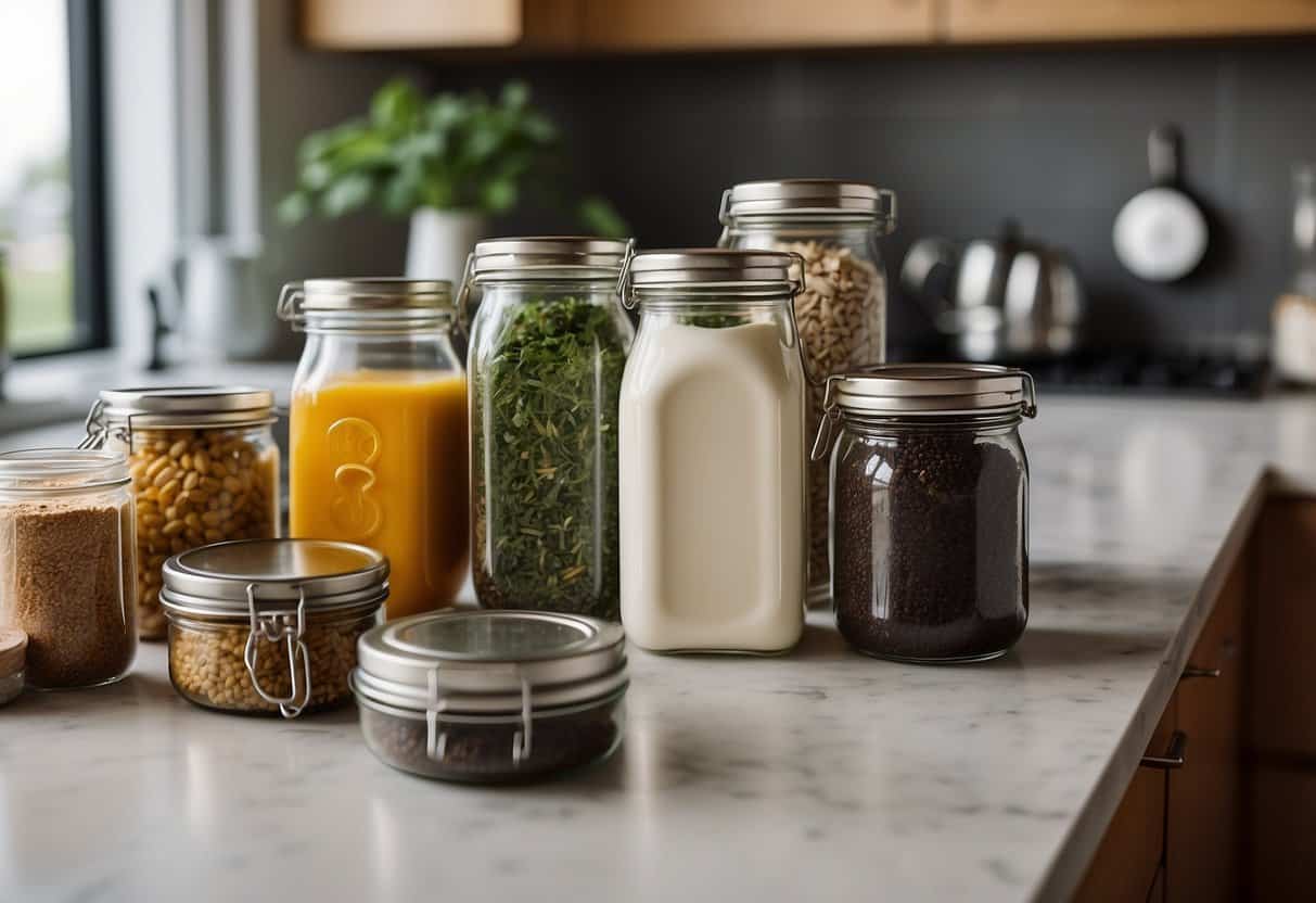 A kitchen with reusable containers, compost bin, and cloth napkins. Glass jars filled with bulk items. No single-use plastics in sight