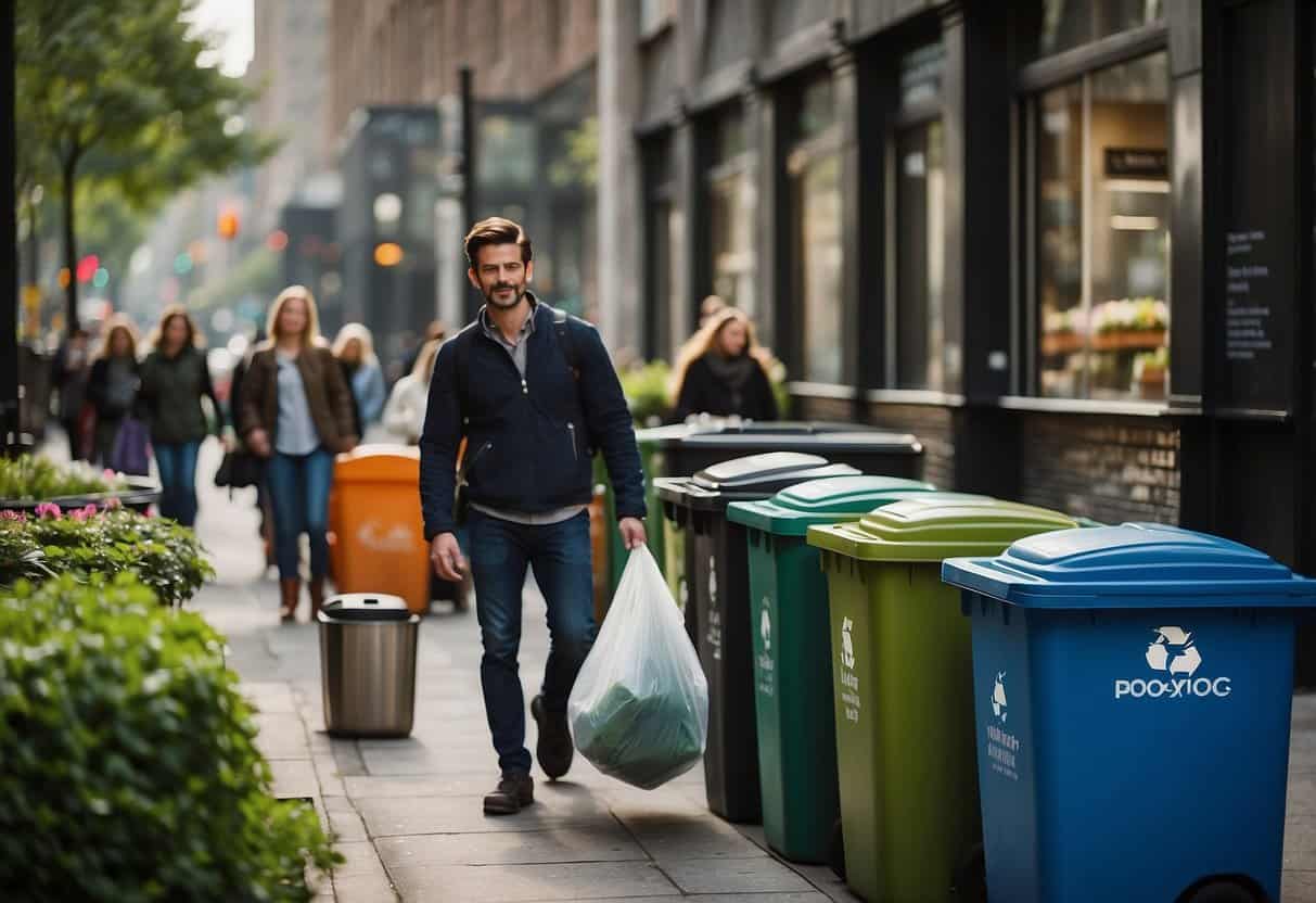A bustling city street with recycling bins, composting stations, and reusable packaging. People carry reusable bags and containers, while businesses proudly display their zero-waste initiatives