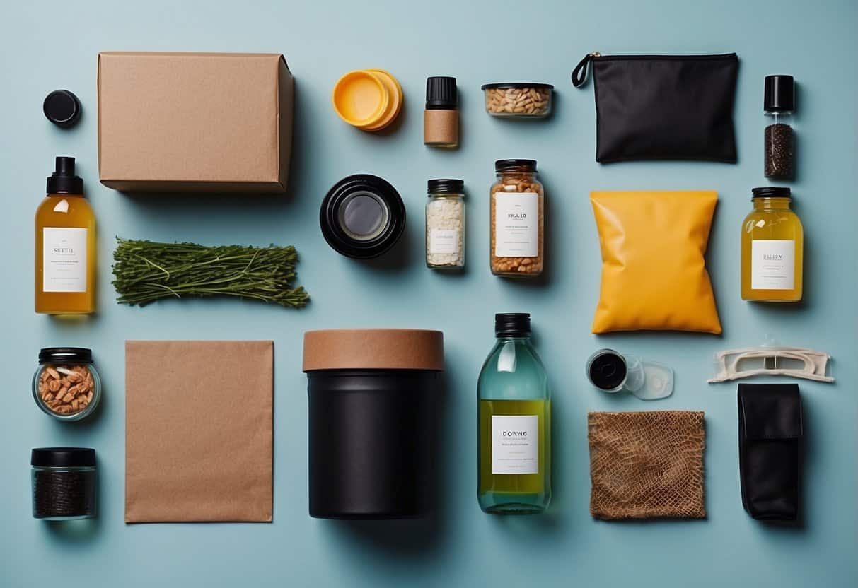 A collection of reusable items arranged neatly with eco-friendly packaging and labels